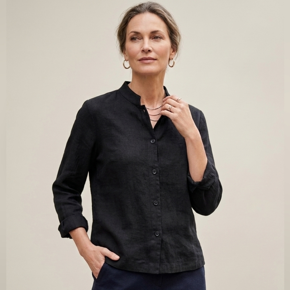 Eileen Fisher Linen Blend Black Button Down Shirt Mandarin Collar